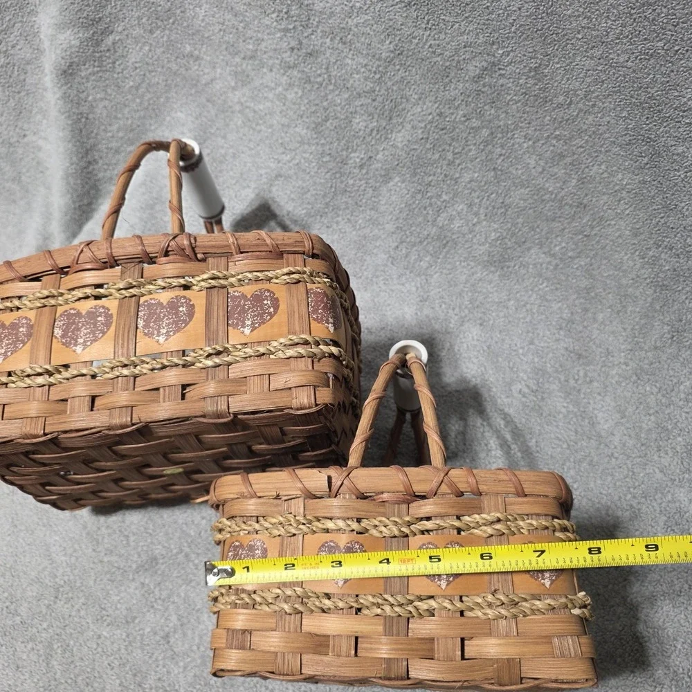2 Vintage Cottagecore Wicker Baskets Heart Ceramic Handle Grandma Farmhouse